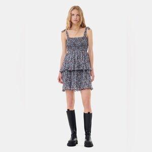Ganni Printed Pleated Georgette Mini Dress Phantom Size 4 US